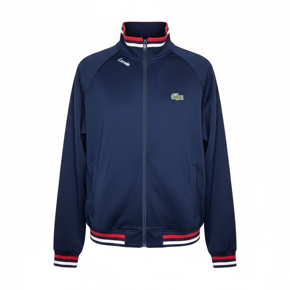 Lacoste Sport Mens Navy Blue Full Zip Track Jacket‎ Striped Trim Size 6 XL